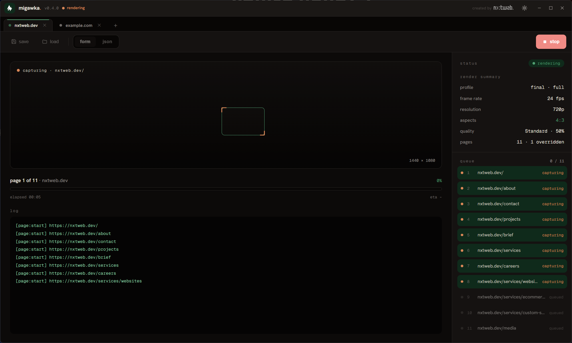 migawka capturing a site page by page, with live per-page progress