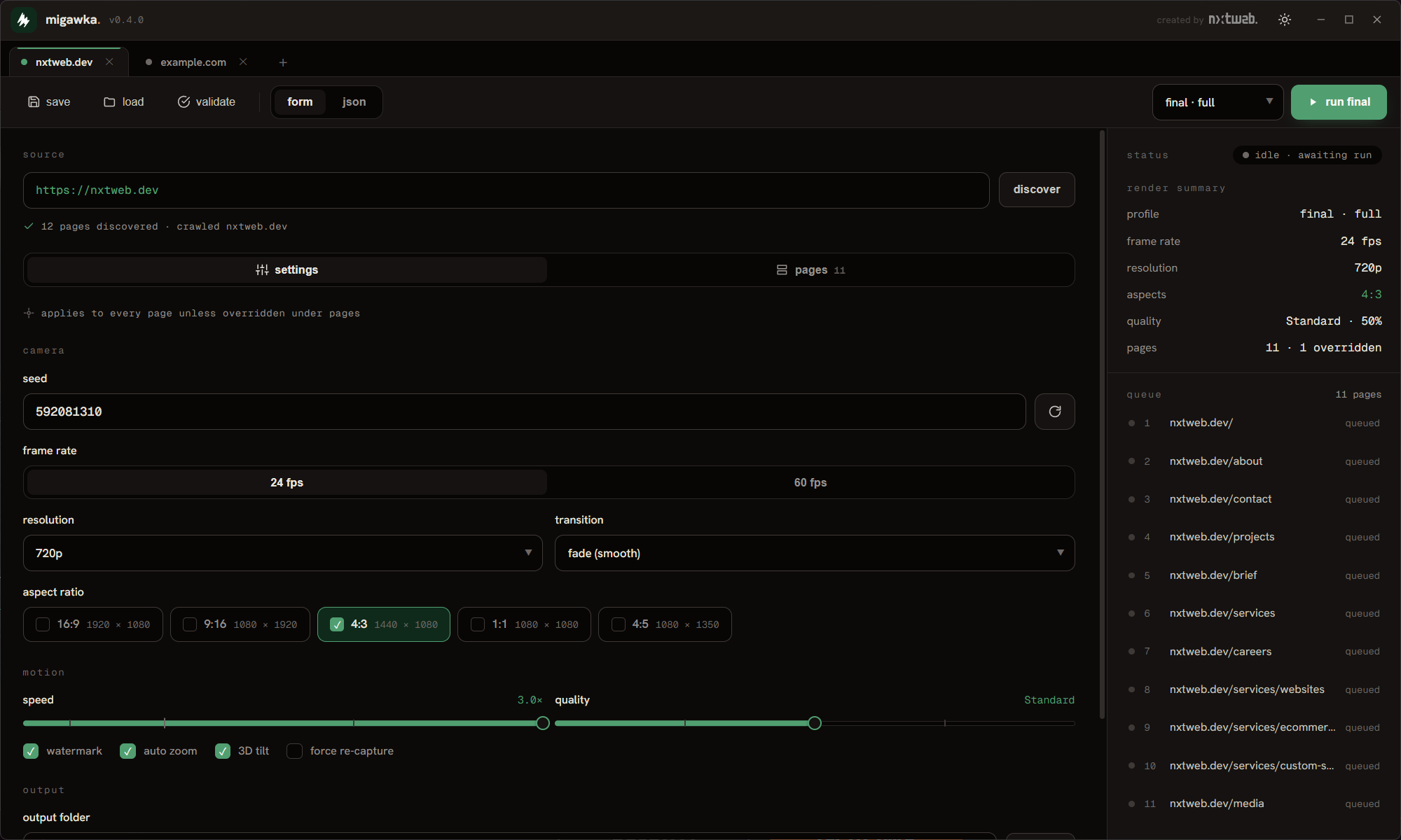 migawka render settings: frame rate, aspect ratio, transition, plus 3d-tilt and auto-zoom toggles